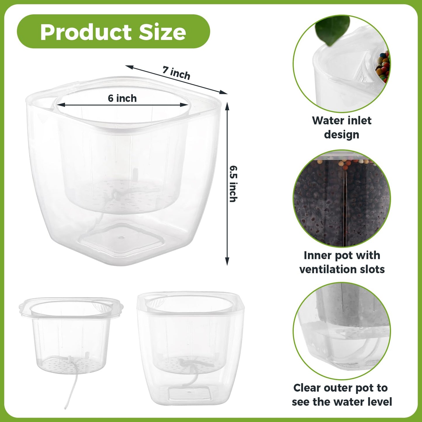 6-Pack 7 Inches Clear Self Watering Planters for Indoor Plants Large African Violet Plant Pots Plastic Wick Flower Pots with Water Injection Hole, Orchid Plant Pot Set, Clear