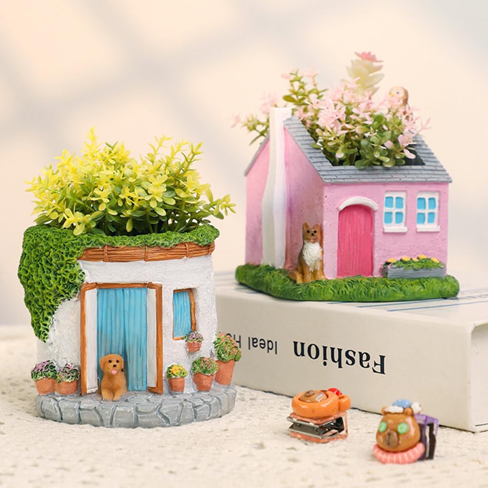 OULIGET Creative Garden House Plants Flower Pot with Drainage Holes,Cute Dog Succulent Plant Pot Decorated Desk,Garden,Living Room (Red House)