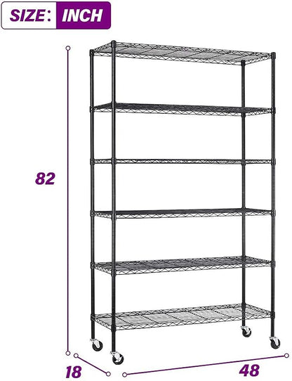 FDW | 6-Tier Wire Storage Shelves with Wheels | 45"x18"x82" | Black | Adjustable Racks | Heavy-Duty Metal Shelf, Holds Upto 2100 lbs | Tool-Free Assembly, Rust-Resistant | for Home & Garage Shelving