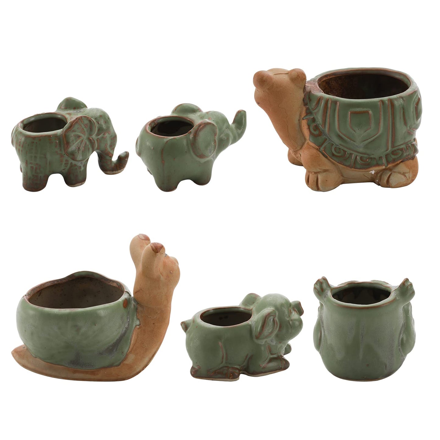 Okllen 6 Pack Mini Animal Ceramic Succulent Planter Set, Cute Elephant, Turtle, Owl, Snail, Succulent Pots with Drainage Hole, Ideal for Bonsai, Indoor, Outdoor