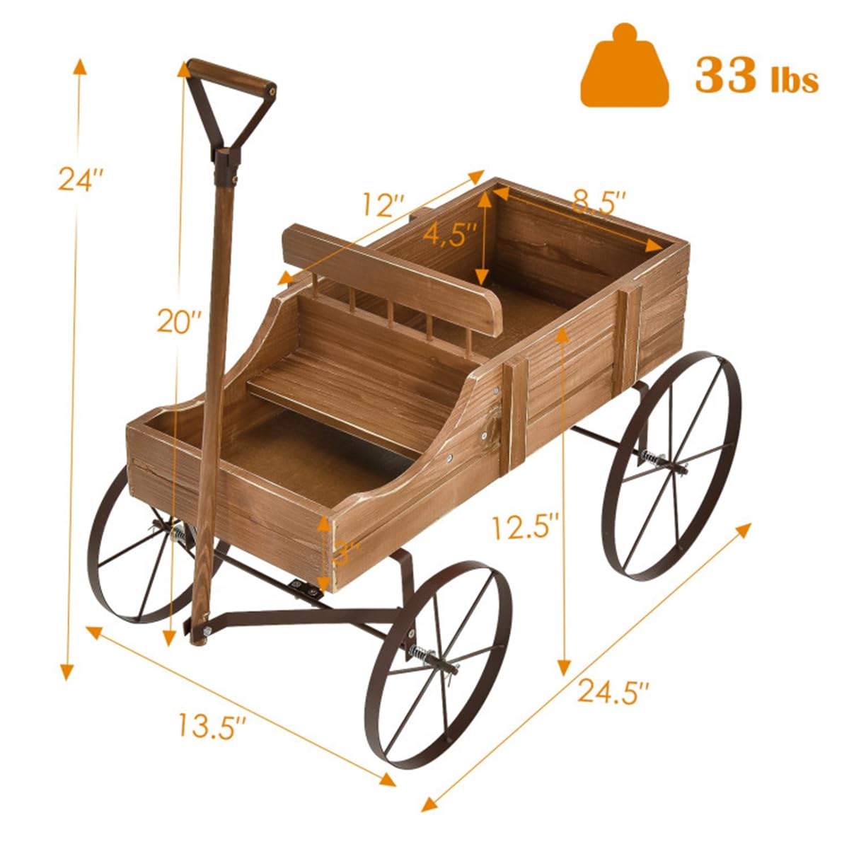 DESIGNSCAPE3D Wooden Wagon Planter Cart – Rustic Raised Garden Bed with Wheels & Handle for Outdoor Patio, Yard, Backyard, Brown Fir Wood Flower Box