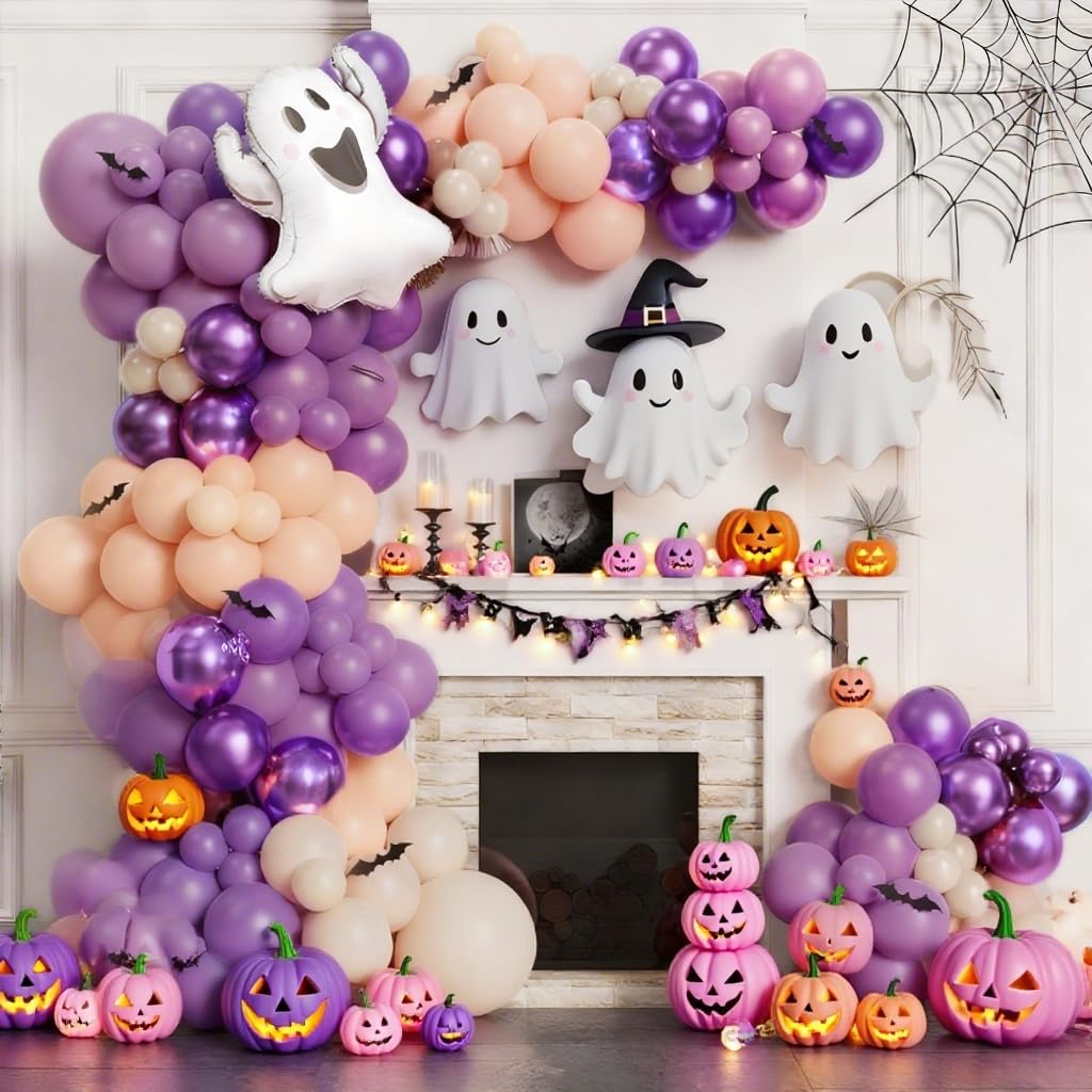 Halloween Balloons Garland Kit, 111 PC Purple Nude Cream Balloons with Cute Ghosts & 3D Bats, Beige & Metallic Purple for Girls' Party Decorations