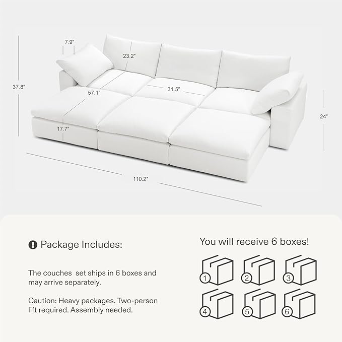 Cloud Couch Sectional 113.8'' Oversized Modular Deep Seat Sofa Bed Comfy White