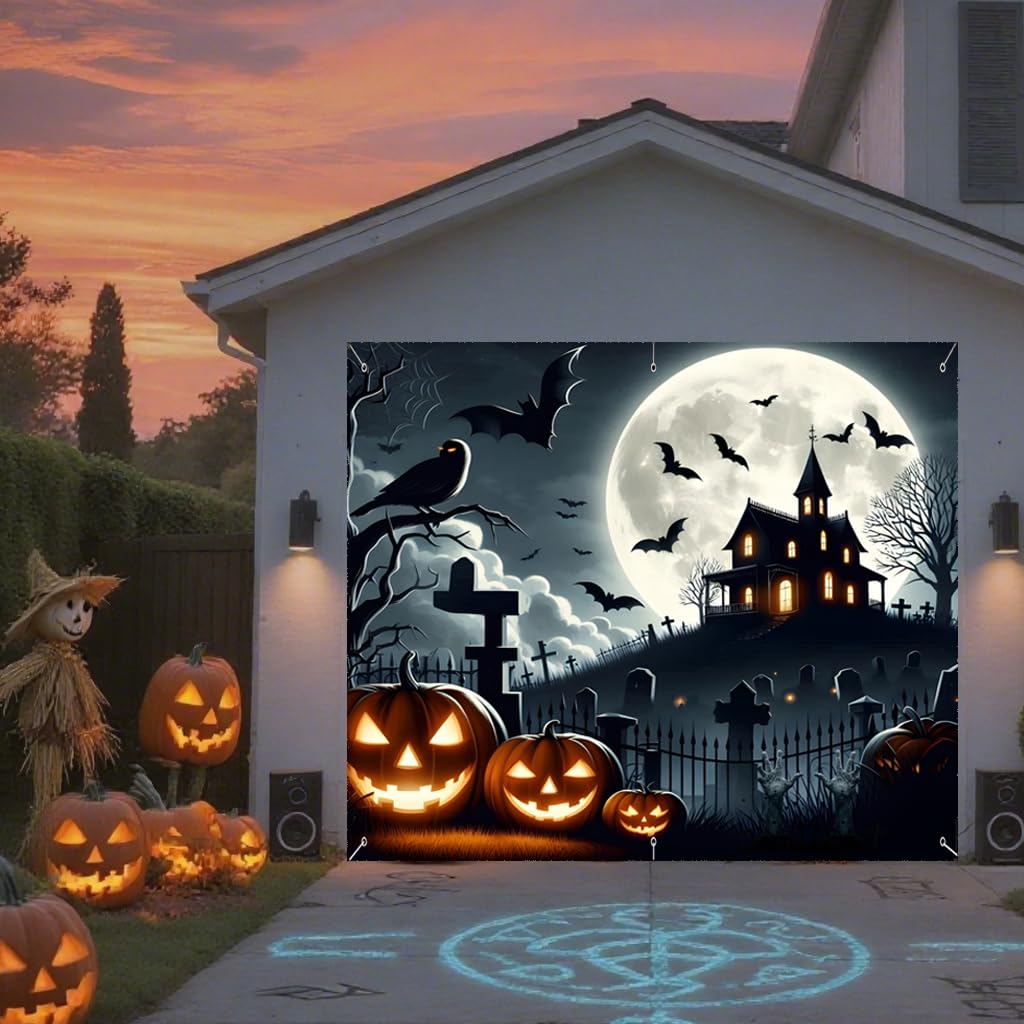 Halloween Garage Door Decorations 7 x 8 Ft Hanging Backdrop Horror Moon Night Halloween Garage Door Cover Scary Cemetery Pumpkin Banner Photo Background for Home Spooky Party Wall Window Yard (Black)