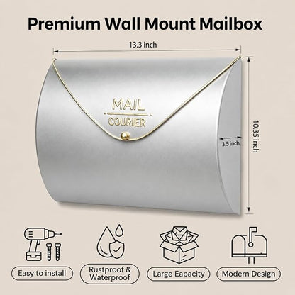 Metallic Silver Wall Mount Mailbox for Outside,Waterproof Metal Mailboxes with Rust-Proof Galvanized Steel,Large Capacity Envelope Mailbox for House,12.99 x 10.35 x 3.5 Inch