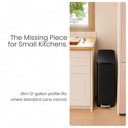 Home Zone Living 12 Gallon Slim Kitchen Trash Can with Soft Close Lid, Step Pedal, Bag Tuck Band, and Removable Liner, Stainless Steel, Black