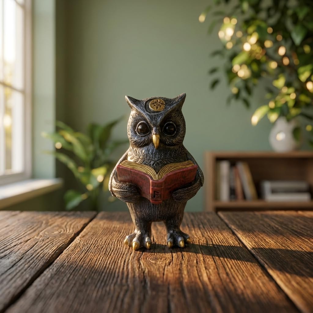 SOREFAFA Black Magic Cute Owl Reading Book Statue (3" L x 5.2" H) - Mystical Resin Figurine for Witchy Gothic Room & Dark Academia Bookshelf Decor - Gifts for Book Lovers, Wiccans, Halloween