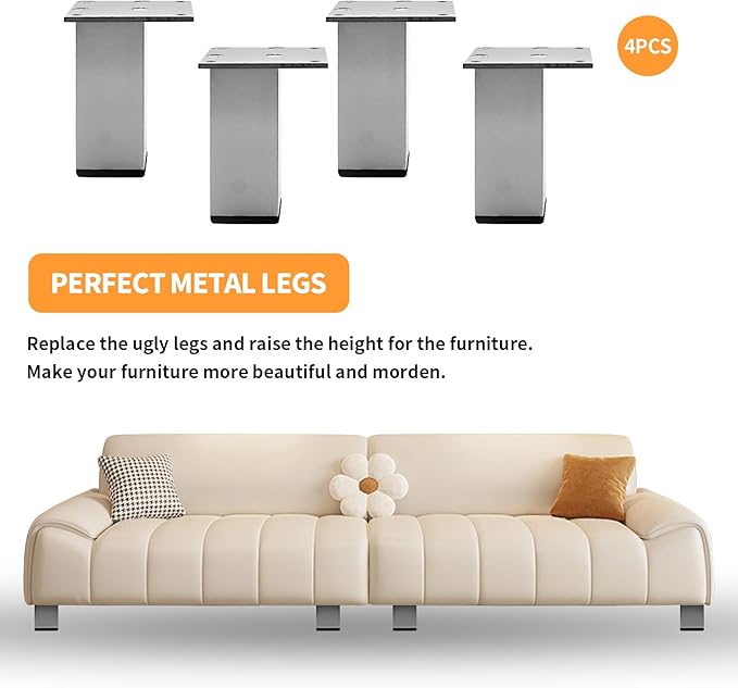 4Pcs 4Inch Metal Furniture Legs, Square Metal Cabinet Support Foot
