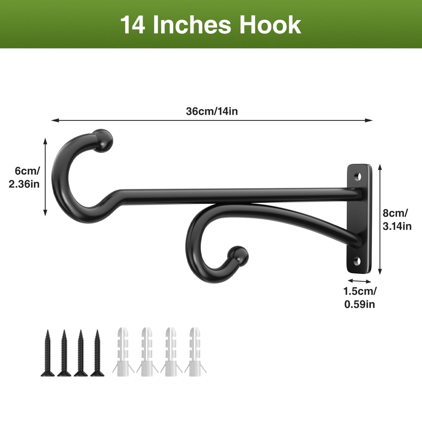 pickpiff 14-Inch Plant Hooks for Hanging Baskets: Plant Hangers Outdoor Indoor, Planters Wall Brackets for Hanging Plants, Bird Feeders, Wind Chimes, Bird Houses, Flower, Metal, Black