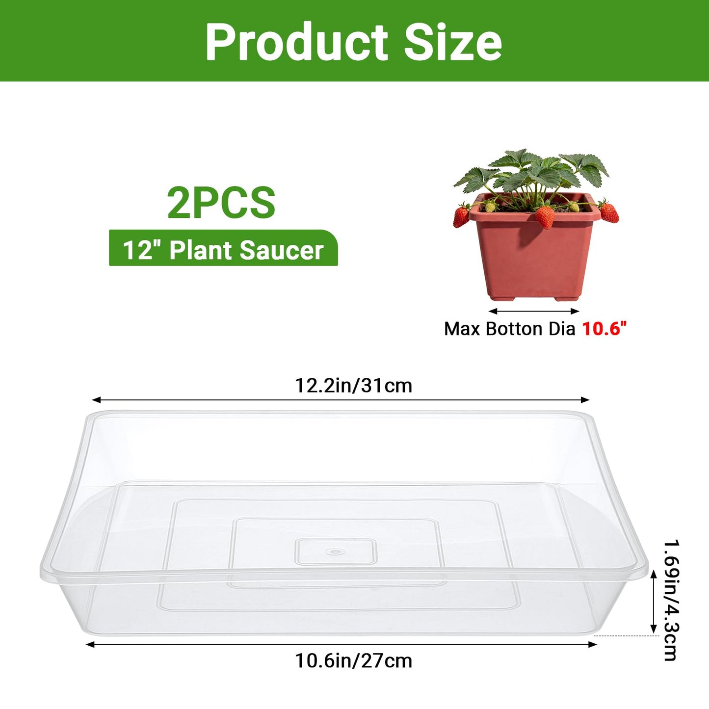 GREANER Plant Water Catcher Tray, Clear 12 Inch Heavy Duty Plastic Square Plant Saucers for Indoors Outdoor, Flower Planter Drip Trays for Pots(2 PCS)