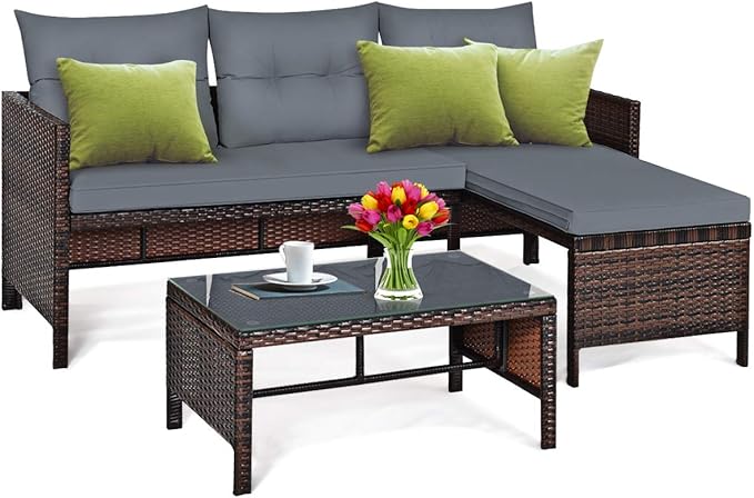 Tangkula Patio Corner Sofa Set 3 Piece, Outdoor Rattan Sofa Set, Includes