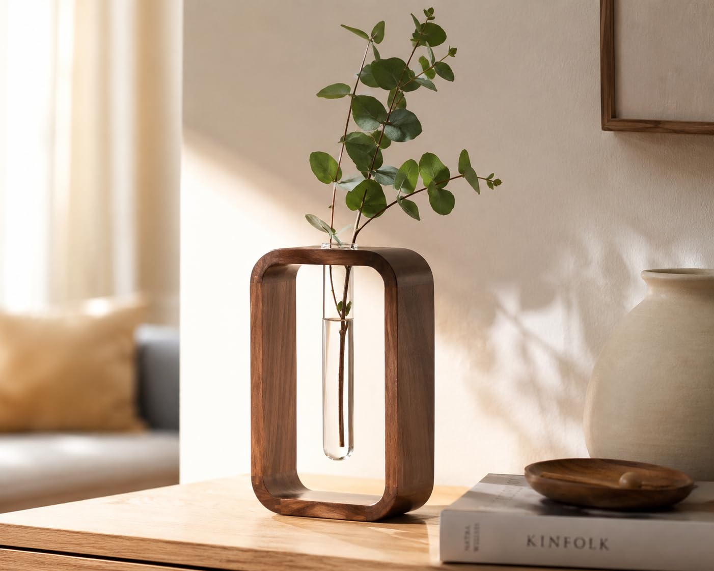 TerraSol Modern Wooden Frame Glass Vase Hydroponic Planter – Minimalist Square Propagation Station with Test Tube Vase – Indoor Plant Terrarium for Flower, Cuttings & Home Office Decor