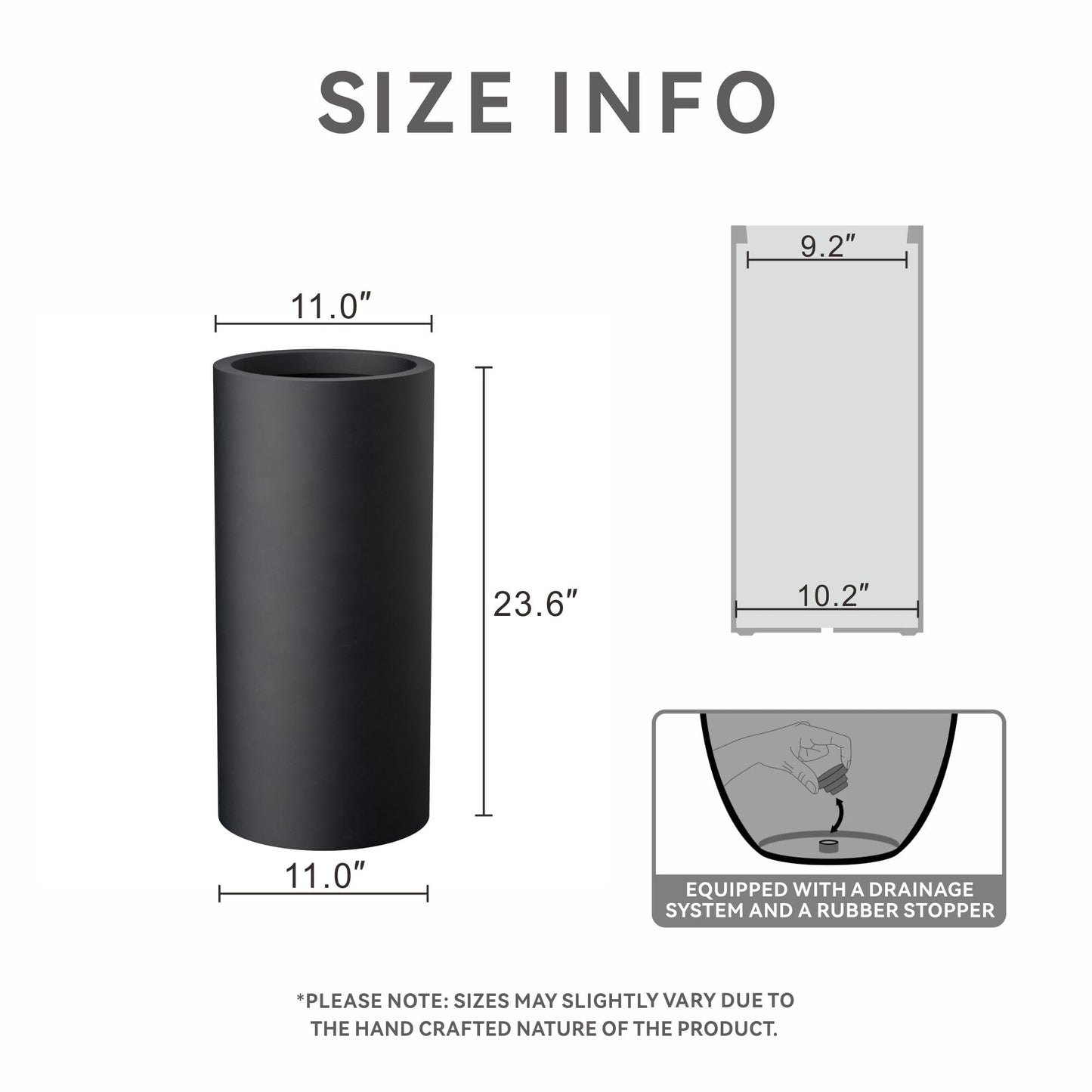 Kante 23.6 Inch Tall Cylindrical Planter, Large Round Plant Pots with Drainage Hole, Made with Concrete, Suitable for Indoor Outdoor Plants, Home Decor, Black