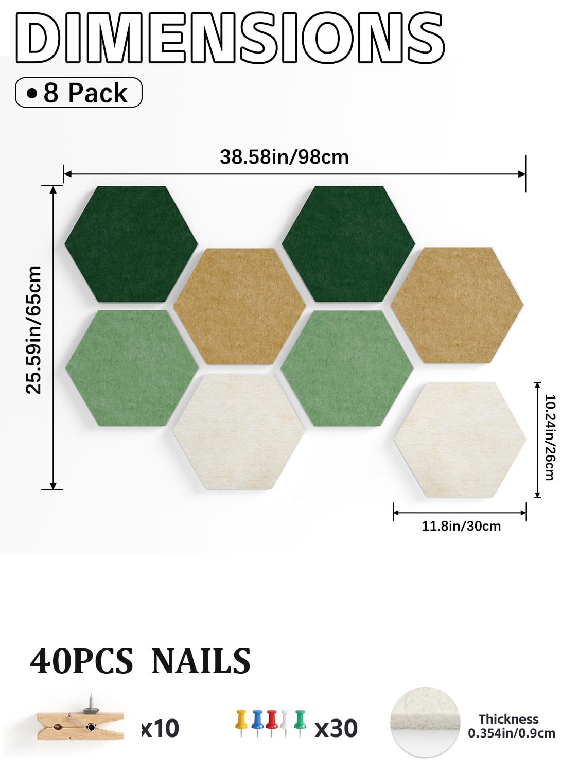 Uoisaiko 8 Pack Hexagon Felt Bulletin Board Tiles - 12" Large Thick Pin Board for Walls with 30 Push Pins, DIY Boards for Office Home School Decor, Aesthetic Hex Cork Board Alternative