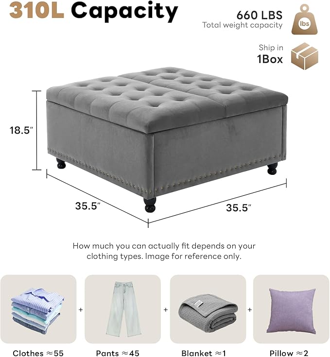 Tbfit Large Square Storage Ottoman Bench, Tufted Upholstered Coffee Table