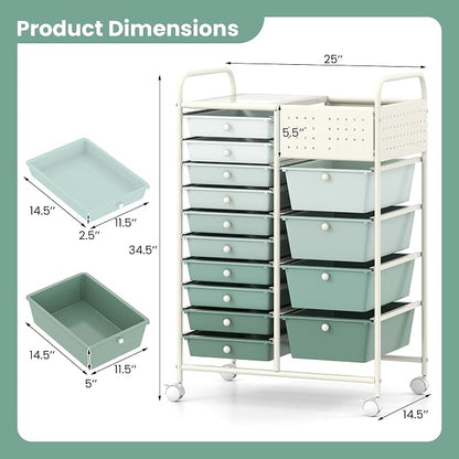 GOFLAME 14-Drawer Rolling Storage Cart with Pegboard, Craft Storage Cart with Lockable Wheels and Metal Frame, Art Cart Supply Storage Organizer for Home Office Classroom, Green Gradient