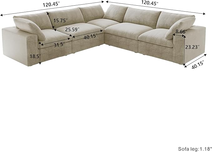 WJShome Cloud Modular Sectional Sofa, 160.6" Down Filled 5 Seater Couch