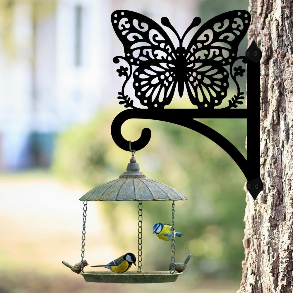 Peacoblue Iron Plant Hangers Hooks for Outdoor Indoor Hanging Plants Flower Fern Pots Lantern Bird Feeder Wind Chimes, 12"x16" Weather Resistant Metal Wall Holder for Porch Garden Farmhouse(Butterfly)