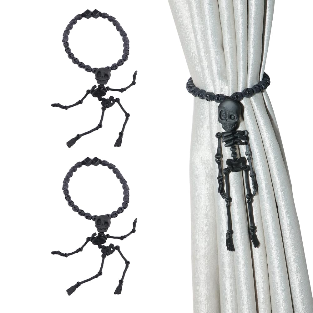 2Pcs Black Skeleton Magnetic Curtain Tieback Halloween Curtain Holdbacks Wall Curtain Ties for Halloween Decor