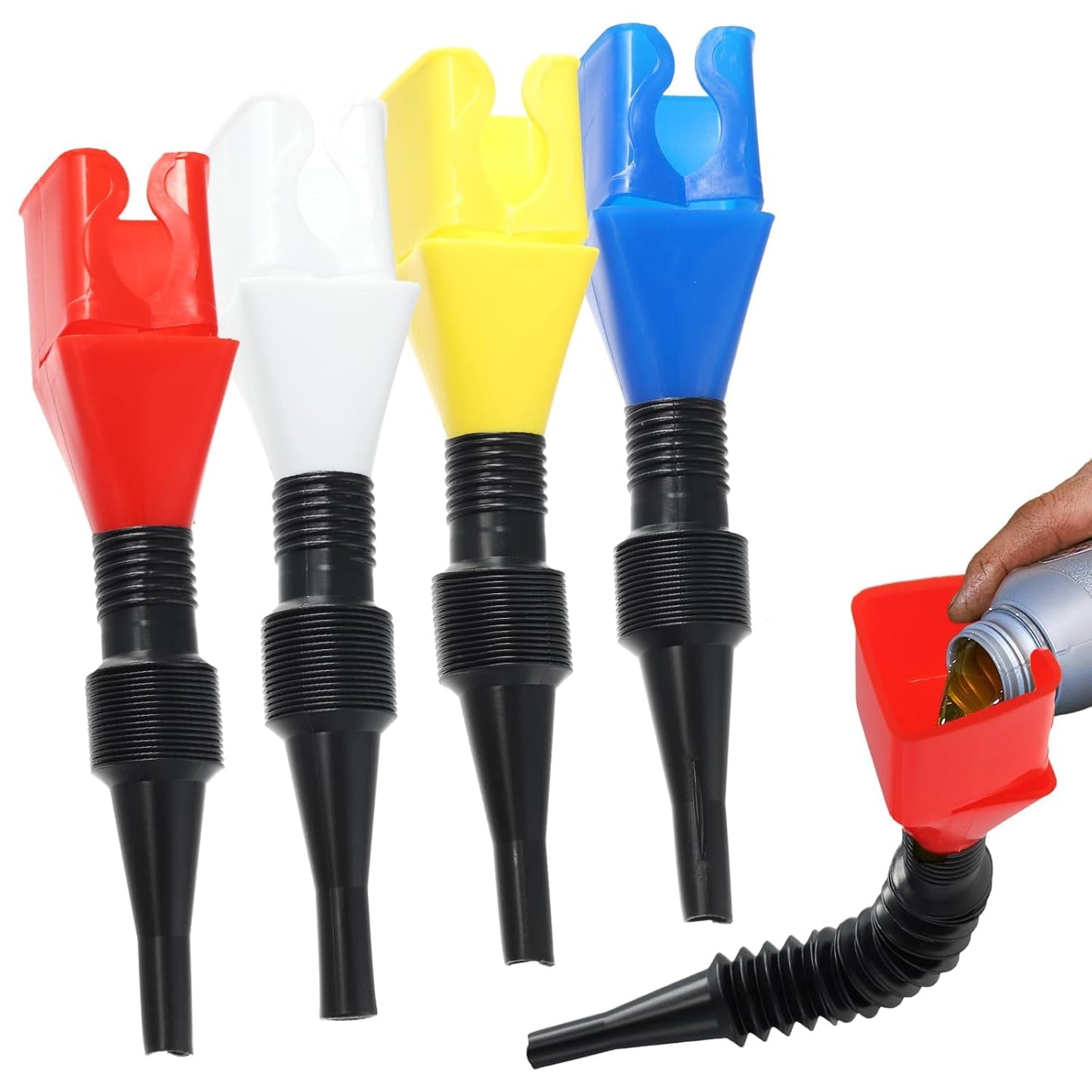 Retractable Fuel Funnel 4PCS, Durable & Foldable Design, Use for Discharging Gasoline, Diesel or Other Liquids from Trucks and Car Motorcycle，Oil Change Accessories.