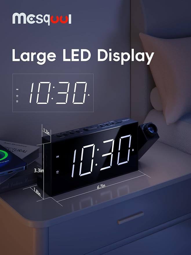 Mesqool Projection Alarm Clock with Bed Shaker, Dual Alarms, 180° Projector, 5-Level Dimmer, USB Phone Charger, Battery Backup, Loud Vibrating Alarm Clock for Heavy Sleepers, Snooze, DST