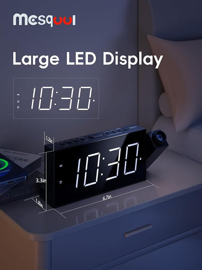 Mesqool Projection Alarm Clock with Bed Shaker, Dual Alarms, 180° Projector, 5-Level Dimmer, USB Phone Charger, Battery Backup, Loud Vibrating Alarm Clock for Heavy Sleepers, Snooze, DST