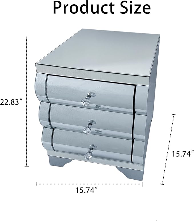 Curved Mirror Nightstand with 3 Drawer Glass Bedside Table