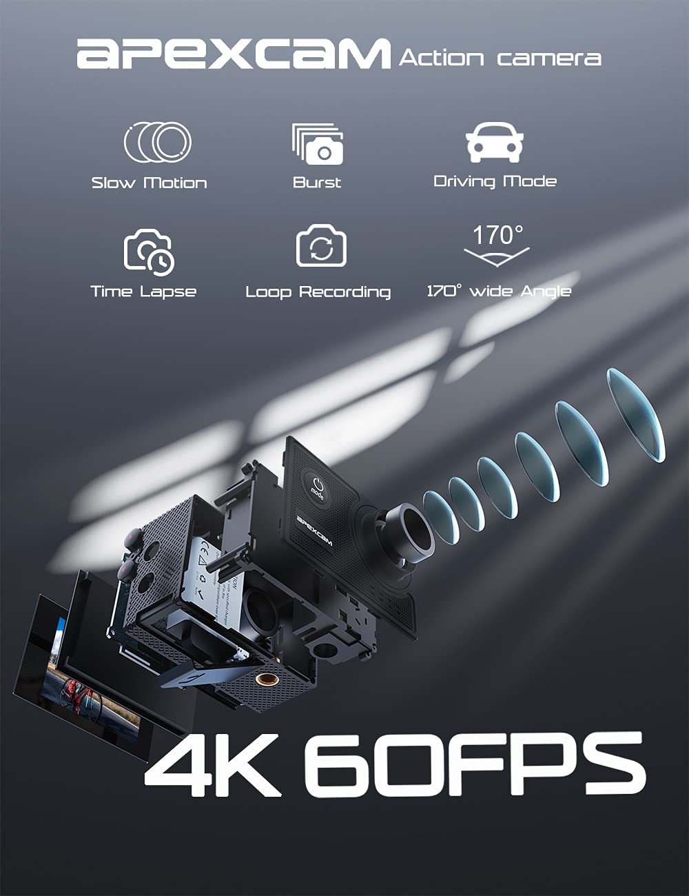 Apexcam 4K 60FPS Action Camera EIS Stabilization 20MP Sports Cam 40M Waterproof Underwater Camera 8X Zoom Support External Mic with Remote Control 2 x 1350mAh Rechargeable Batteries…