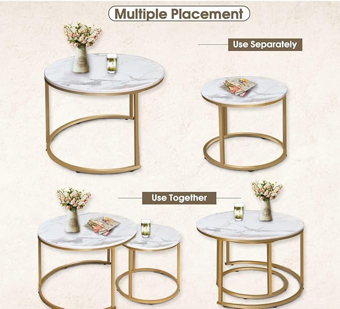 aboxoo Coffee Table Nesting White Set of 2 Side Set Golden Frame Circular Round