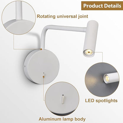 ZEROUNO Wall Mounted Reading Light for Bedroom Hardwired Sconce with Switch on/Off Modern 3000K Bedside Swing Arm Wall Lamp (White)
