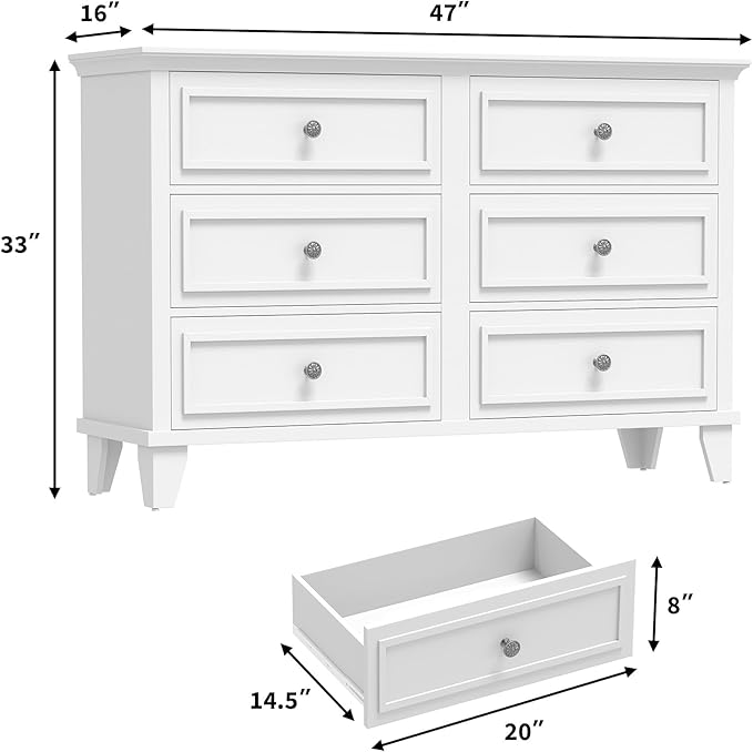 IDEALHOUSE 6 Drawer Dresser, Wooden Storage Chest of Drawers
