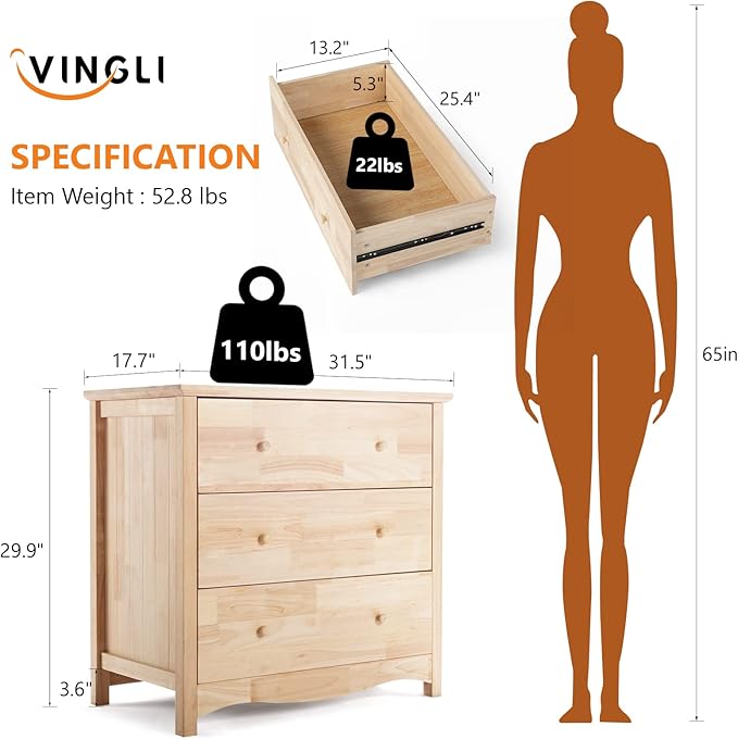 VINGLI Unfinished Solid Wood Dresser Color DIY, 3 Drawer Dresser, Natural