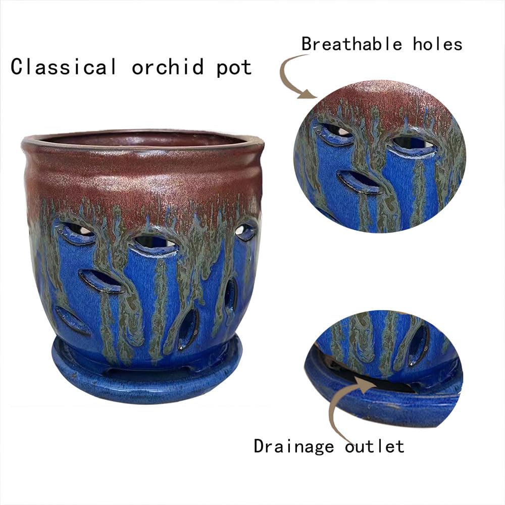 Fowargif Large 6inch Ceramic Orchid pots with Holes, Flower Pot with Saucer for Indoor Plants Home Decorative, Round Planter (Blue+Golden Brown)