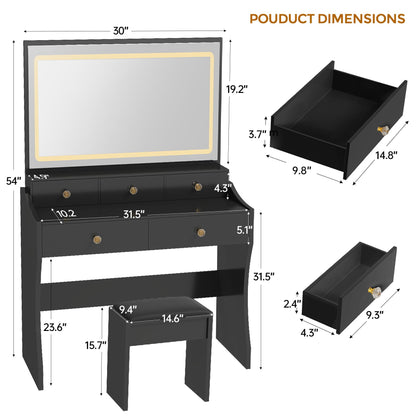 COMHOMA Makeup Vanity Desk with Mirror and Lights, Vanity Table and Chair Set with 5 Drawers and Charging Station, Bedroom Dresser LED Mirror Stepless Dimmable & 3 Color Modes Adjustable, White