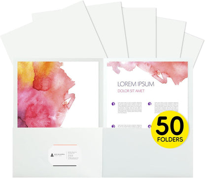 50Pcs White Folders with Pockets and Business Card Holder,2 Pocket Folders for School,Home or Office,Durable Heavy Duty File Folders