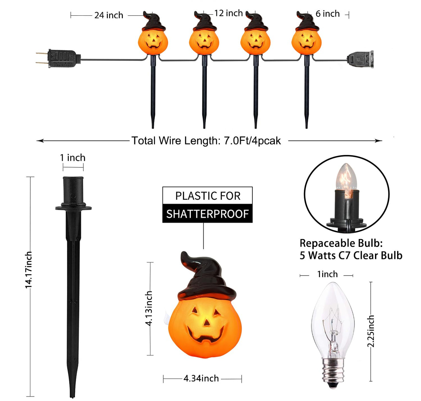 Halloween Hooded Pumpkin Pathway Lights Outdoor, 7Ft C7 Outdoor Halloween Decorations Pathway String Lights with 4 Jack O Lantern Pumpkin Stakes Lights for Garden Yard Walkway Lawn Party Driveway