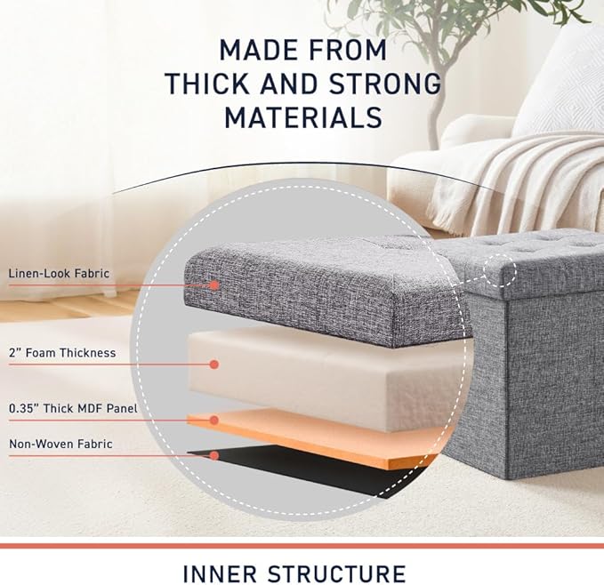 Ornavo Home 2 Pack 15 Inch Folding Storage Ottoman, Square Cube Linen Small