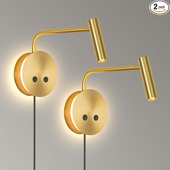 Gold Wall Mounted Reading Light 2 Pack, 3000K Flexible Headboard Reading Sconces with On Off Switch Control, Plug in/Hardwired Wall Light Fixtures with Night Light for Bedside Bedroom Bunk