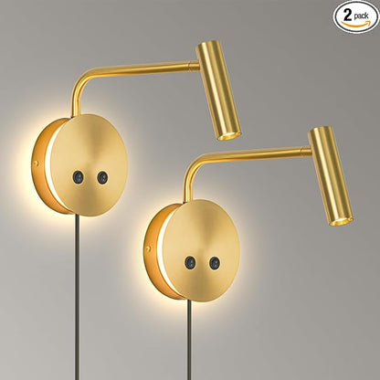 Gold Wall Mounted Reading Light 2 Pack, 3000K Flexible Headboard Reading Sconces with On Off Switch Control, Plug in/Hardwired Wall Light Fixtures with Night Light for Bedside Bedroom Bunk