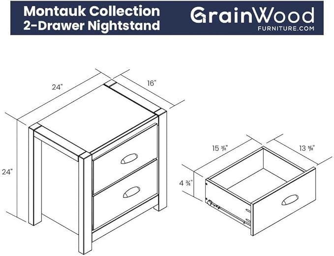 Grain Wood Furniture Montauk 2-Drawer Bedside Nightstand, Solid Wood