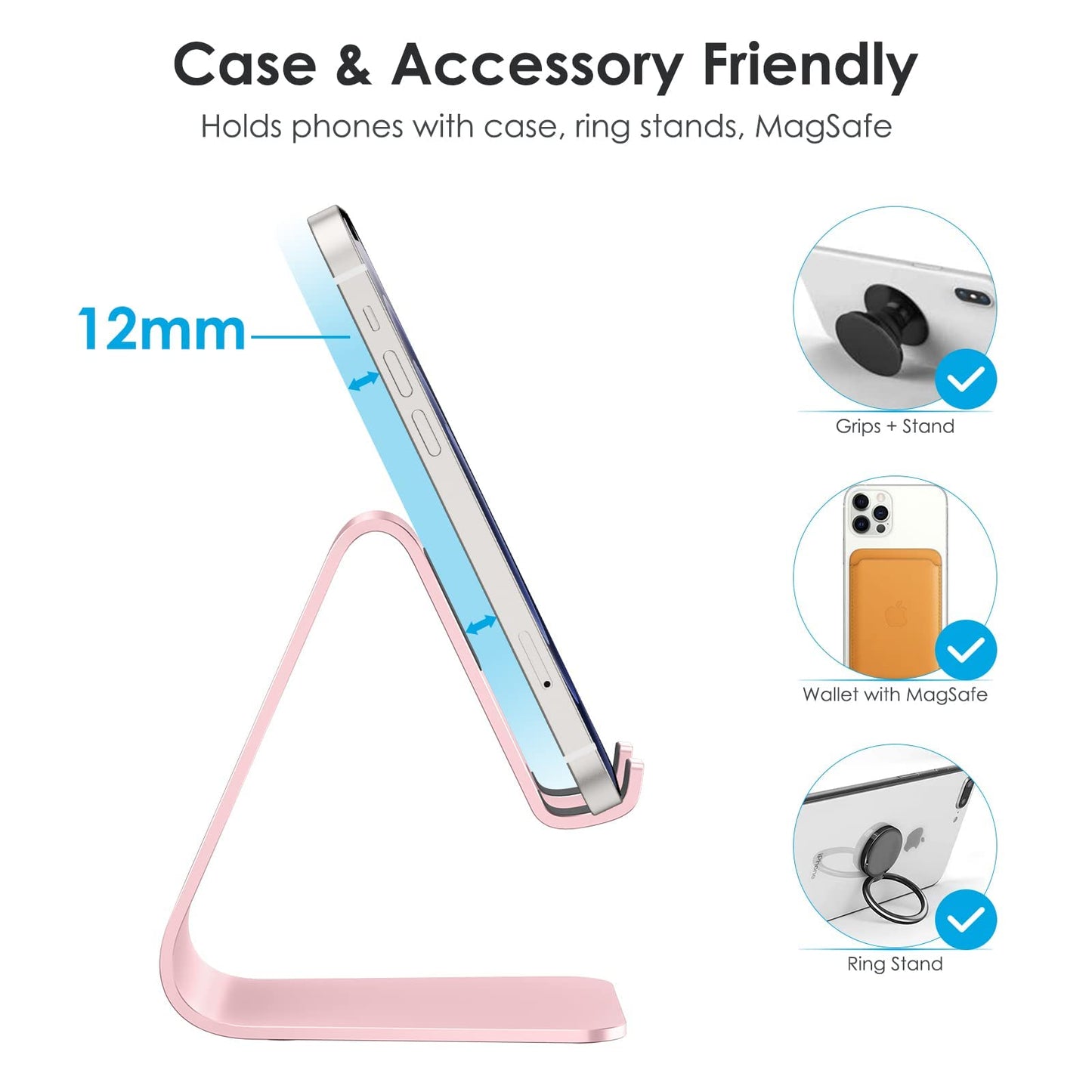 OMOTON Upgraded Aluminum Cell Phone Stand for Desk, C1 Durable Cellphone Dock with Protective Pads, Smart Stand Designed for iPhone17, 16/15/14/13 Pro Max Air, iPad mini, Android Phones,Rose Gold