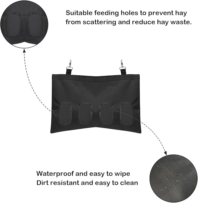 Rabbit Hay Feeder Bag, Large Capacity Rabbit Hay Bag Small Animal Hanging Hay Bag 600D Oxford Cloth Bunny Hay Feeder Bag for Rabbits Guinea Pigs Chinchillas (Black-2 Holes-2Pcs)