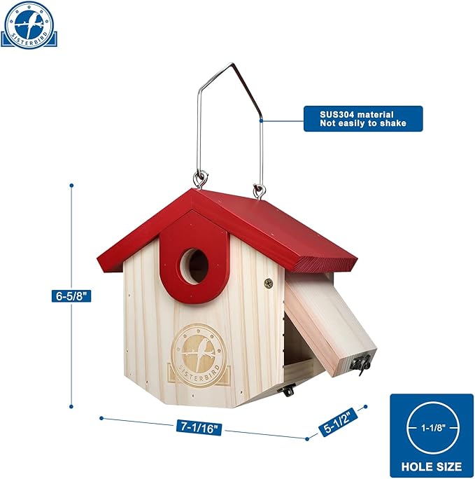 SISTERBIRD Wren Bird Houses for Outside Cedar Hanging Birdhouses for Outdoors 1-1/8" Entrance Hole Bird Houses for Outside Clearance Wooden Nesting Box Chickadee Predator Guard, Red