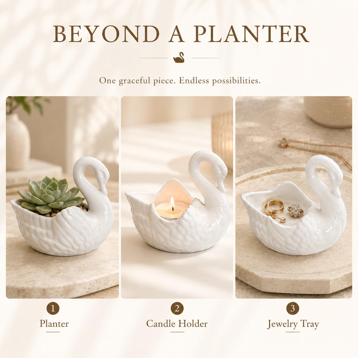VANZACK Elegant White Ceramic Swan Planter 4.4in Decorative Succulent Flower Pot Swan Vase, Ceramic Swan Decor and Candle Holder for Home Office Gardening