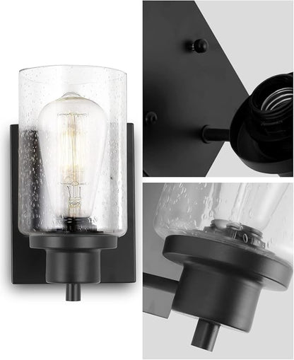 2-Pack Bath Vanity Light Fixtures Wall Sconces, Modern Indoor Bathroom Wall Lights with Seeded Glass, Black Wall Light Fixtures for Bedroom Mirror Kitchen Living Room Entryway Patio