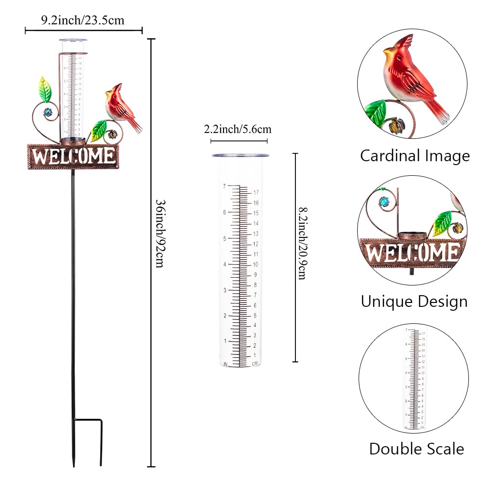 Stargarden Rain Gauge Outdoor, Metal Cardinal Rain Gauge, Rain Gauges with 7inch Plastic Tube, Decorative Rain Gauge for Yard, Garden, Lawn, Pathway