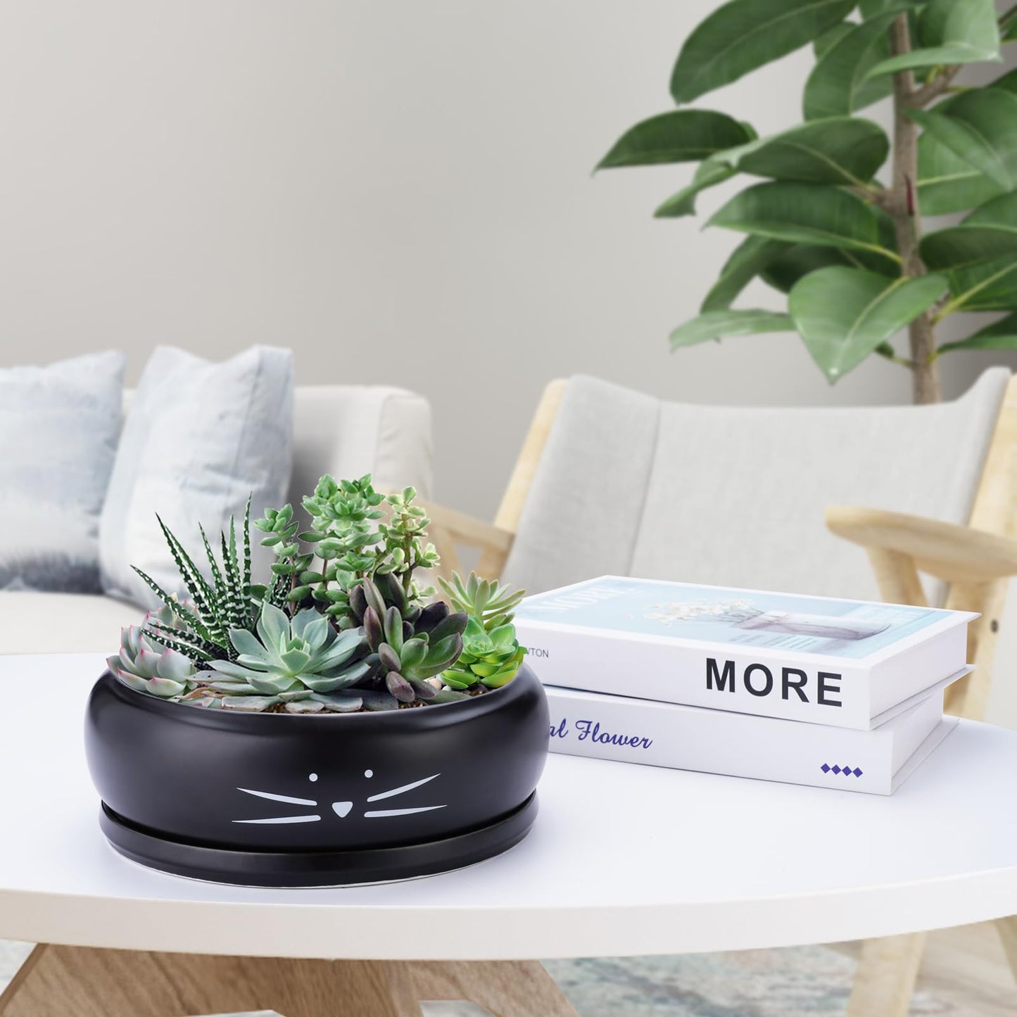 Koolkatkoo 8 Inch Cat Ceramic Succulent Planter Pot with Drainage Hole and Tray Flower Pot for Indoor and Outdoor Plants Round Shallow Planter Gifts for Cat Lovers