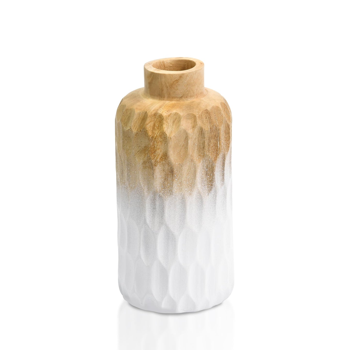 Aeravida Uniquely Etched Scales Light Brown Cylindrical Mango Tree Wooden Vase | Modern Flower Vase | Mango Tree Wooden Flower Vase | Flower Vases for Living Room (White-Brown)