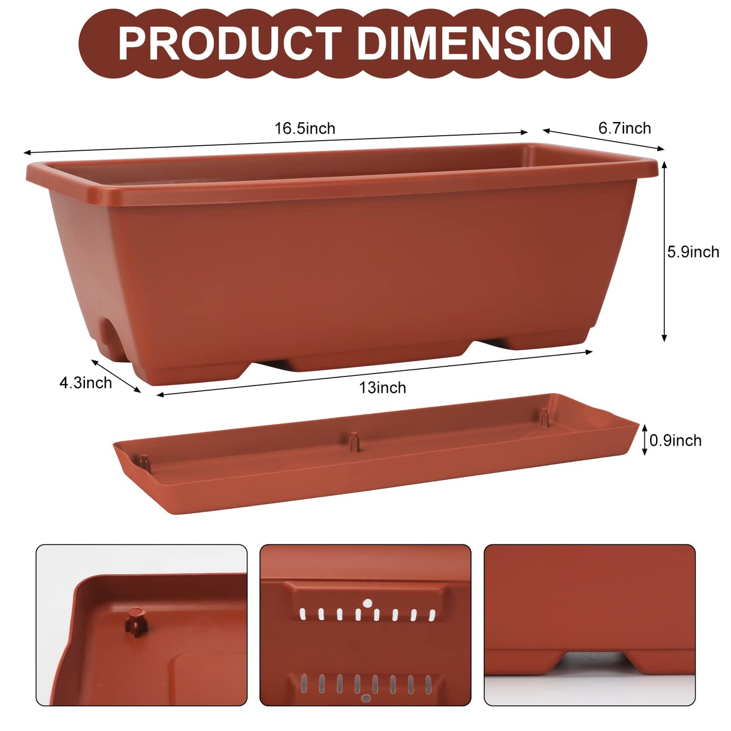 OSMOFUZE Window Box Planter, 6 Packs 17 Inches Rectangle Planters Box with Drainage Holes and Trays, Vegetable Planters for Windowsill Patio Garden Home Decor Porch Yard Red