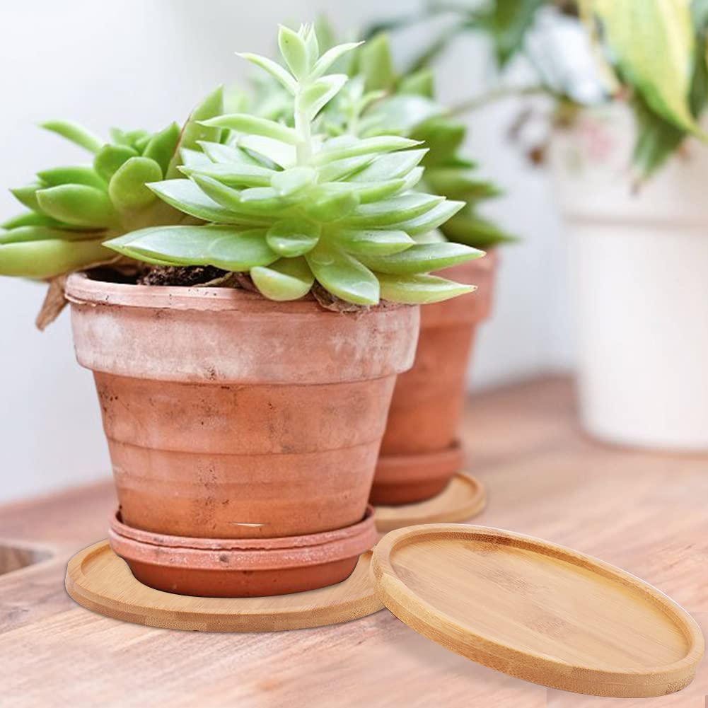 Qirvaten 4 Pack Bamboo Plant Pot Saucers, 4.7 Inch Round Bamboo Coaster Plant Drainage Tray Cork Wood Drip Pads Plates for Owl Pots Succulent Pots, Flower Pot